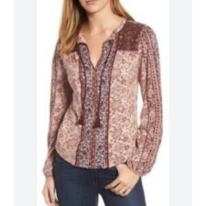 Lucky Brand Mixed Print Peasant Top Womens Size 2X Beaded Metallic Tassels Boho